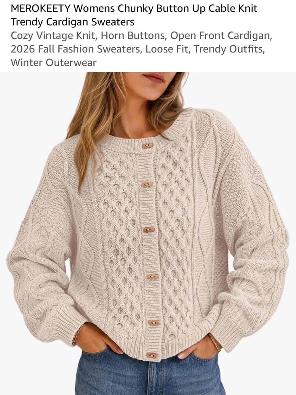 MEROKEETY Cream Chunky Cable Knit Button-Up Cardigan